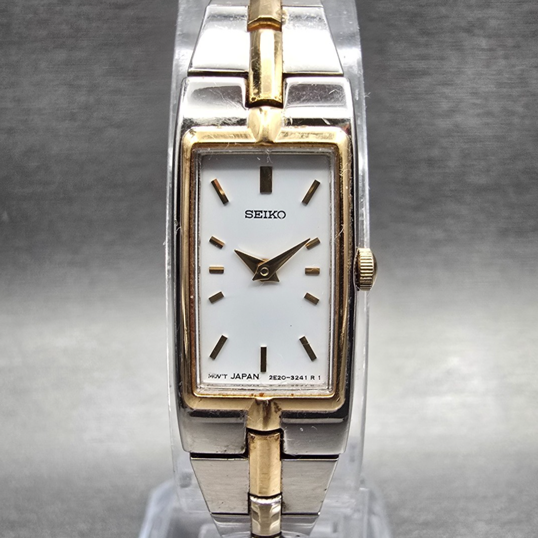 Seiko Tank Watch Women 13mm White Dial Two Tone Rectangle 2E20-0AY0 New Batt Fr0