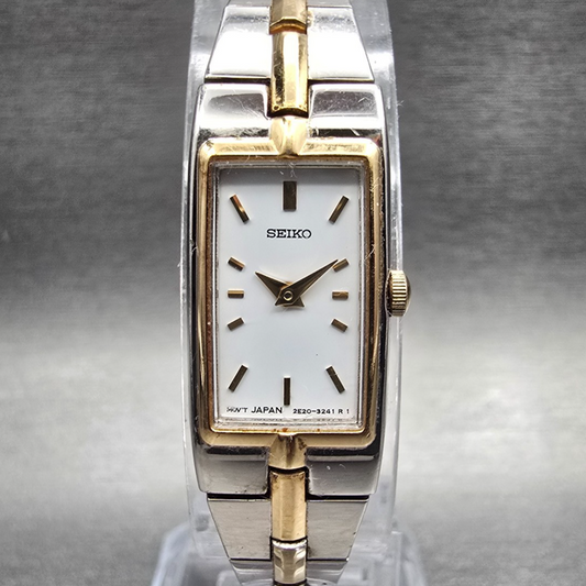 Seiko Tank Watch Women 13mm White Dial Two Tone Rectangle 2E20-0AY0 New Batt Fr0