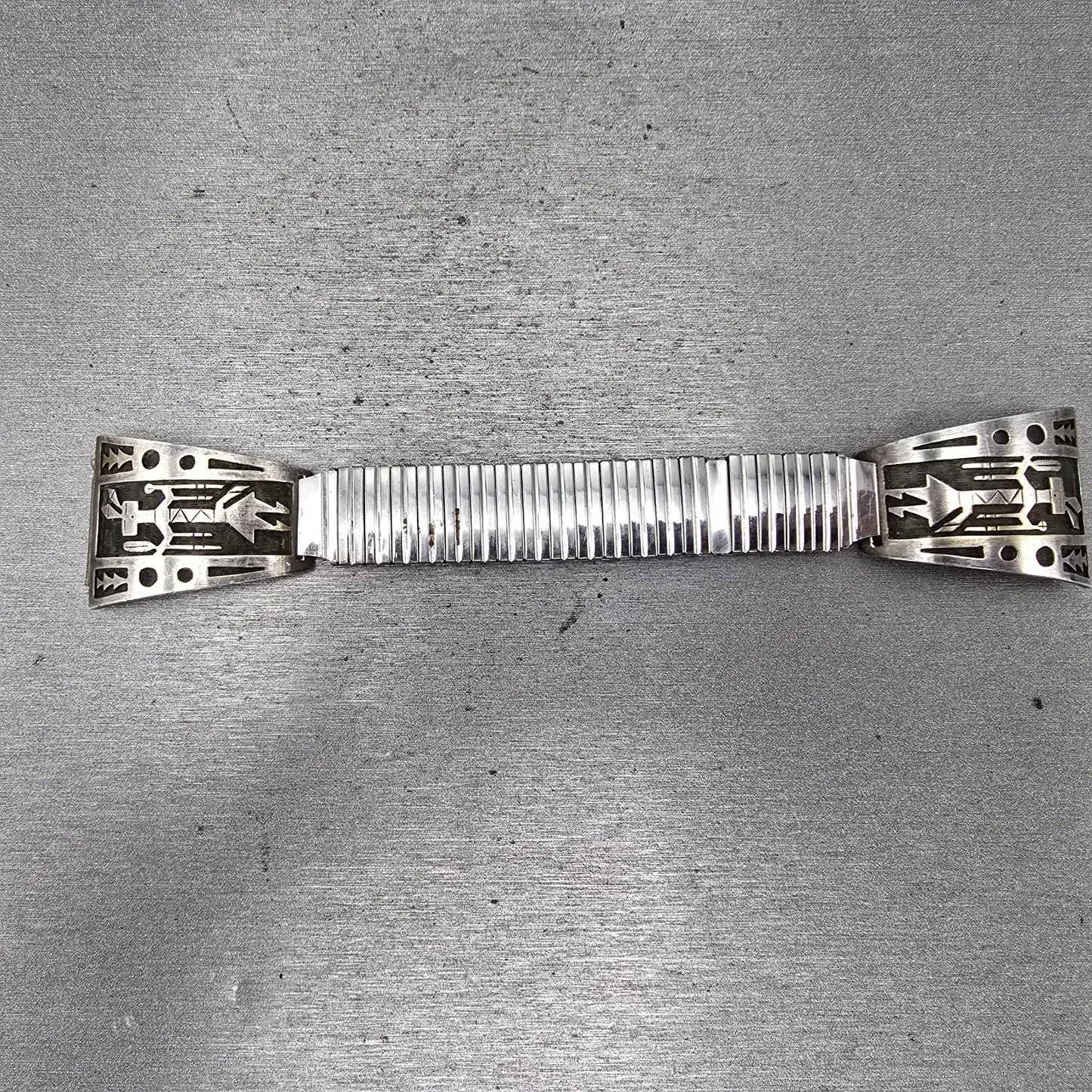 Navajo Sterling Silver Watch Band Tips 20mm Warrior Design Stretch Band VTG0