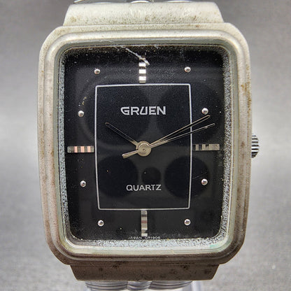 Gruen Tank Watch Men 28mm Black Dial Silver Tone Rectangle 192Y121 New Battery1