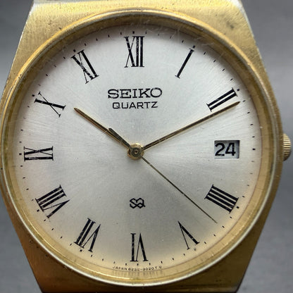 Seiko SQ Watch Men 33mm Silver Dial Gold Tone Date Round 8222-8019 New Battery1