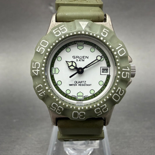 Gruen Dive Watch Women 28mm White Dial Silver Tone Date Round 219-2015 New Batt0