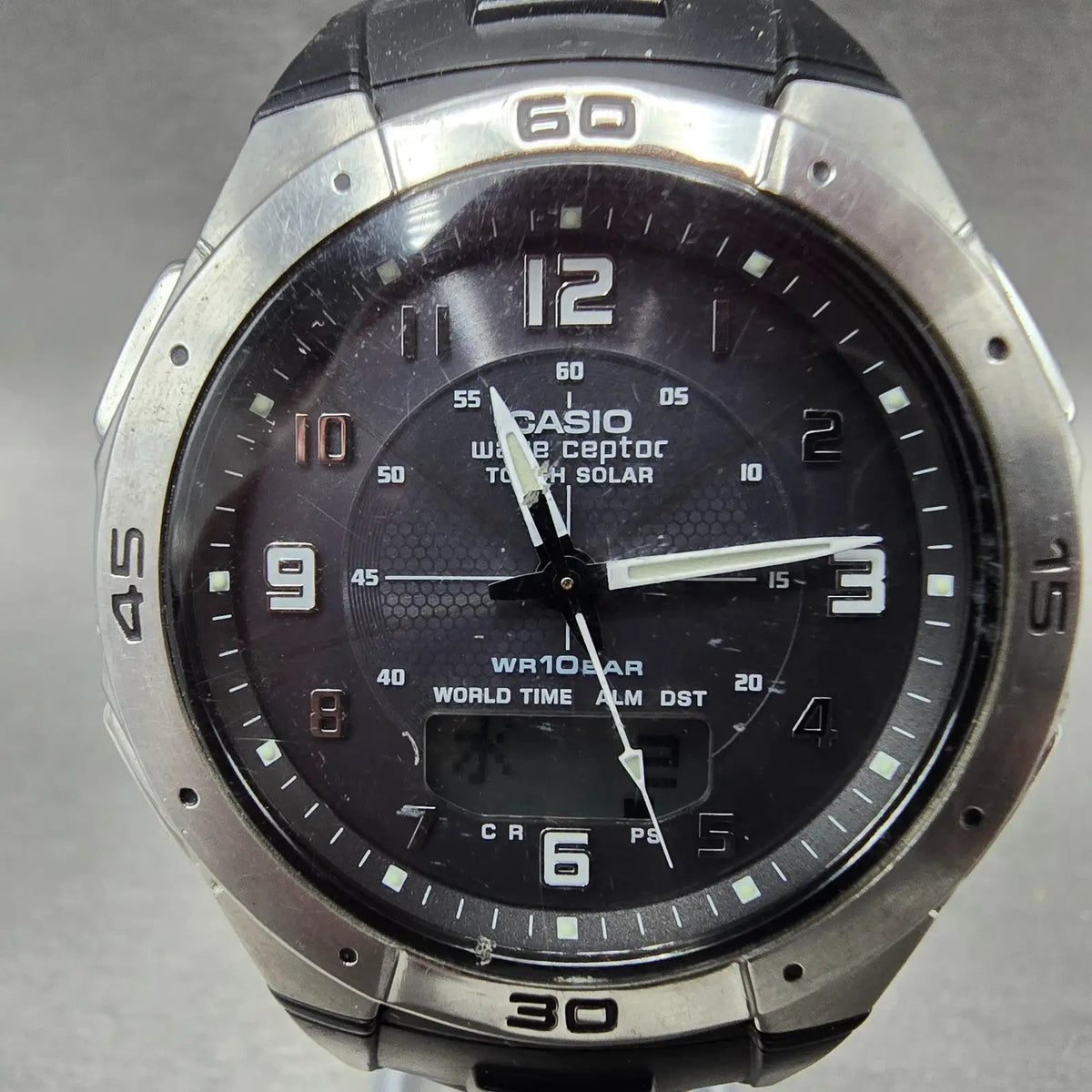 Casio WVA-470 Watch Men 42mm Black Silver Wave Ceptor Alarm Chronograph Round 671