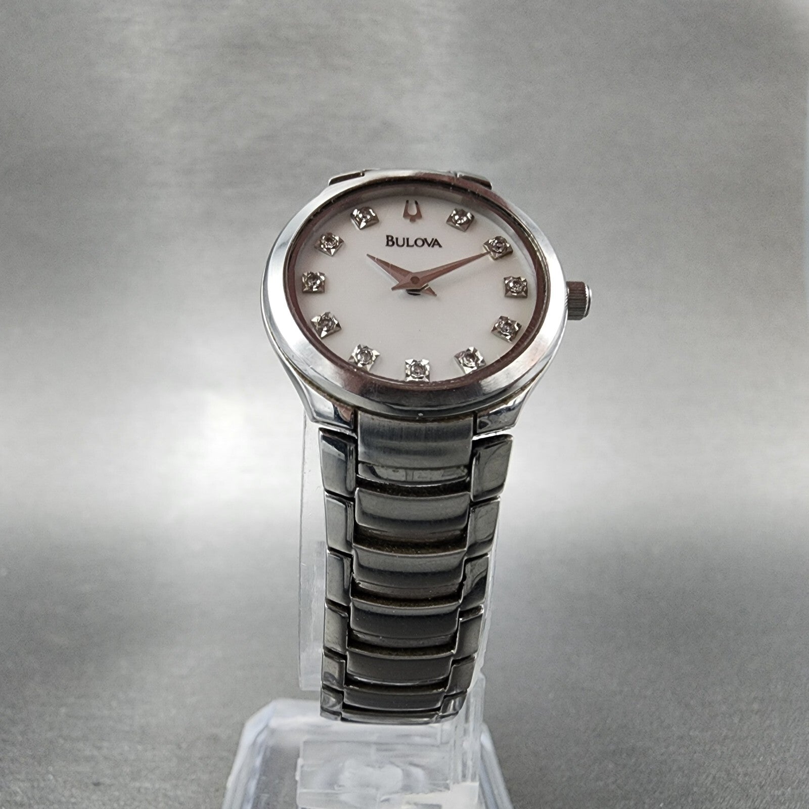Bulova Watch Women 25mm MOP Dial Stainless Steel Diamond Accents new Battery5