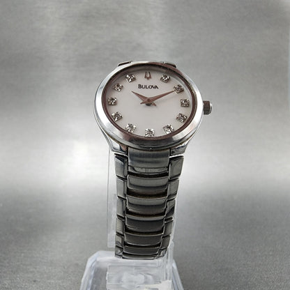 Bulova Watch Women 25mm MOP Dial Stainless Steel Diamond Accents new Battery5