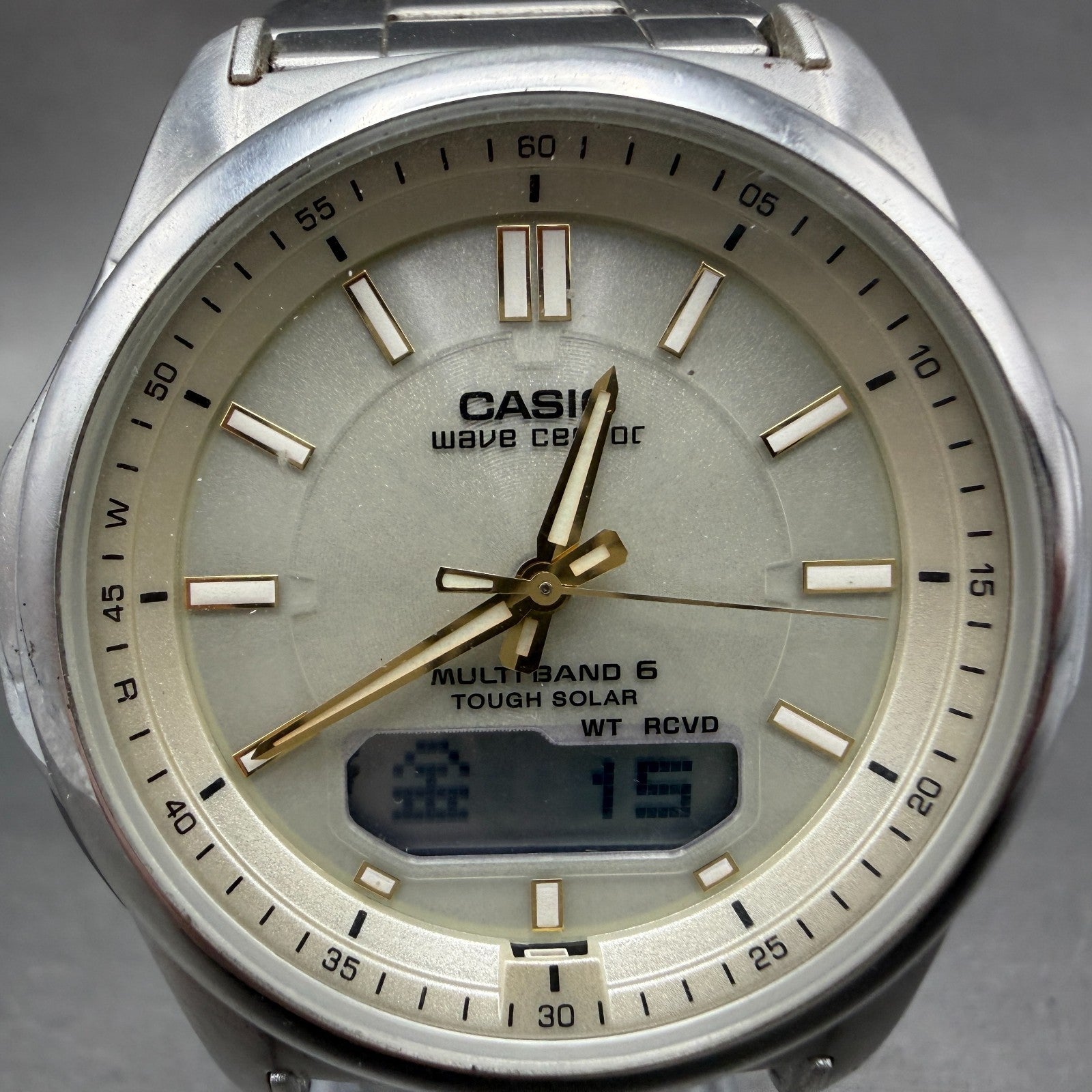 Casio Wave Ceptor Watch Men 42mm Cream Dial Steel Solar Analog Digital Works OPT1