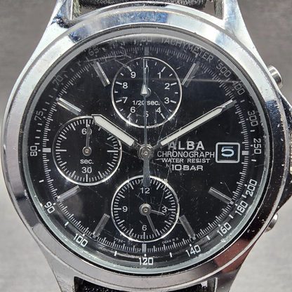 Seiko Alba Watch Men 37mm Black Dial Silver Tone Chrono Date 7T92-0EK0 NewBatt J1