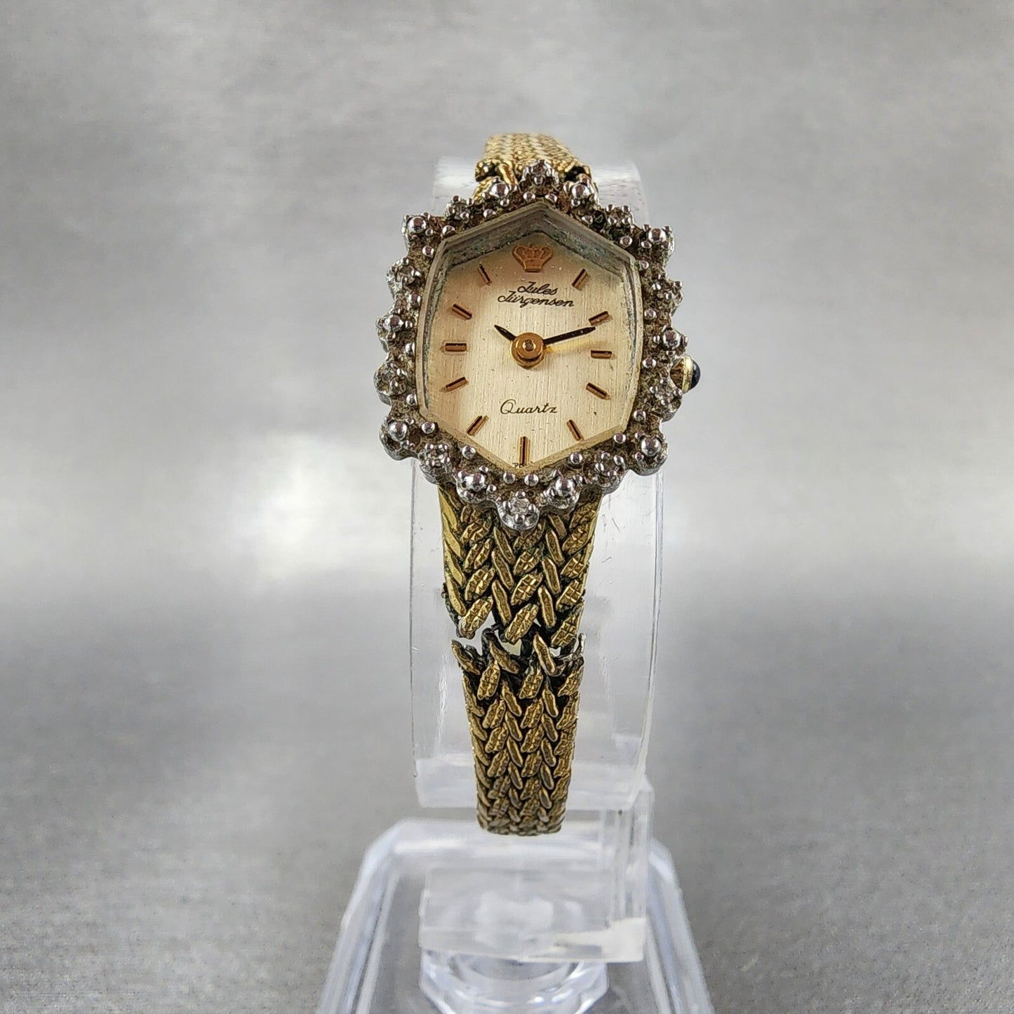 Jules Jurgenson Watch Women 15mm Gold Dial Gold Tone Hexagon Gem Set Bezel Runs5