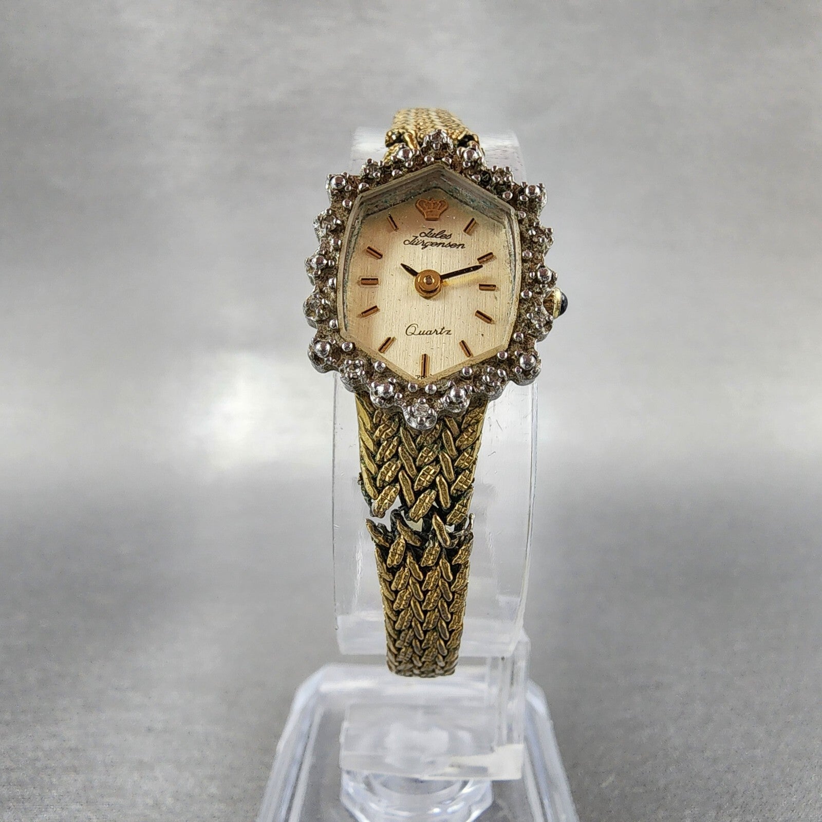 Jules Jurgenson Watch Women 15mm Gold Dial Gold Tone Hexagon Gem Set Bezel Runs5