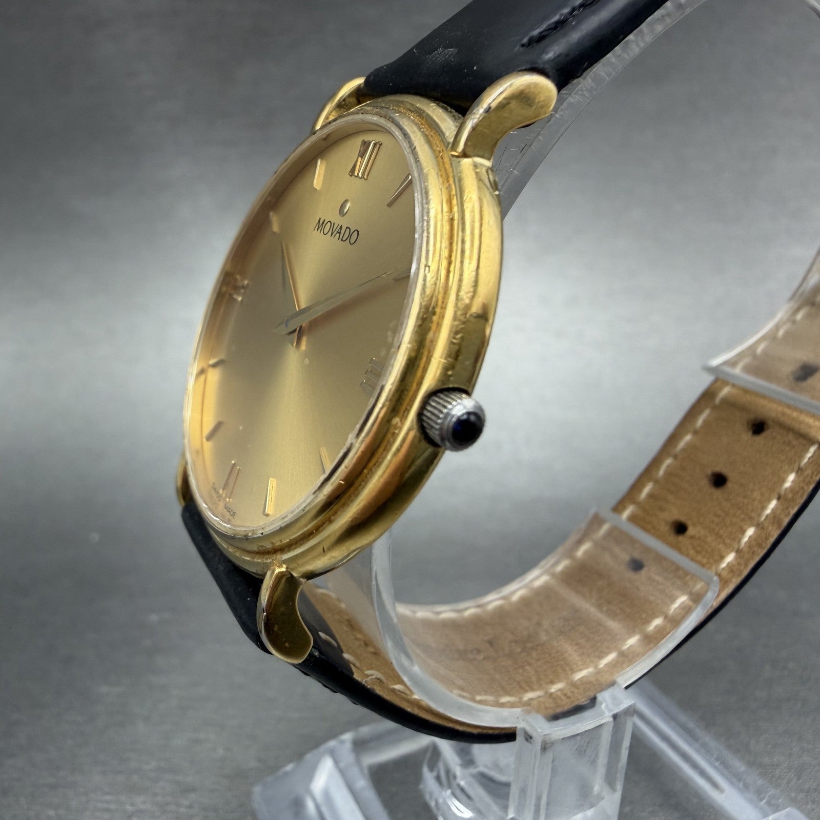 Movado Watch Men 34mm Gold Dial Gold Tone Round 87-E4-0885 Leather New BatteryAB2