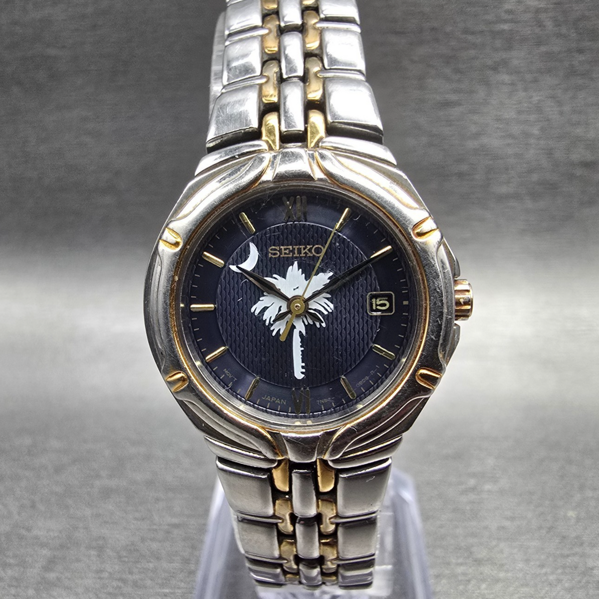 Seiko Watch Women 26mm Blue Dial Two Tone Date Round 7N82-0AT0 New Battery0