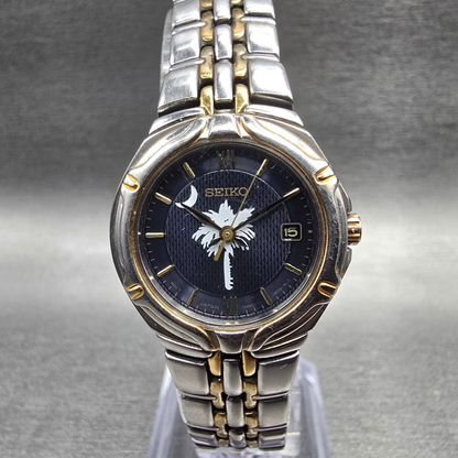 Seiko Watch Women 26mm Blue Dial Two Tone Date Round 7N82-0AT0 New Battery0