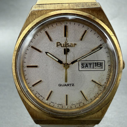 Seiko Pulsar Watch Men 36mm Silver Dial Gold Tone Daydate Y148-8029 New Battery1