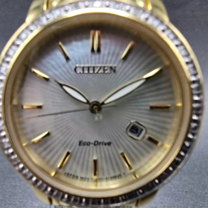 Citizen Eco-Drive Watch Women 30mm MOP Dial Gold Date Diamonds EW2282-52D Runs1