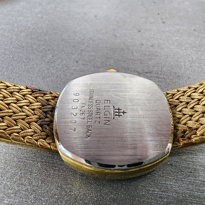 Elgin Watch Women 22mm Gold Dial Gold Tone Rectangle FK267 New Battery VTG9
