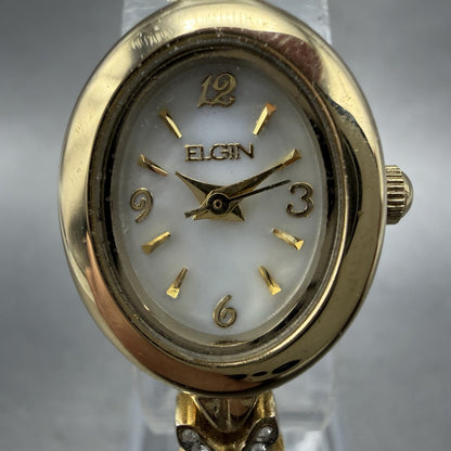 Elgin Watch Women 18mm MOP Dial Gold Tone Oval Ruby Diamond Bezel New Battery AB1