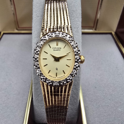 Citizen CQ Watch Women 17mm Cream Dial Gold Tone Gemmed 3220 New Battery NOS2