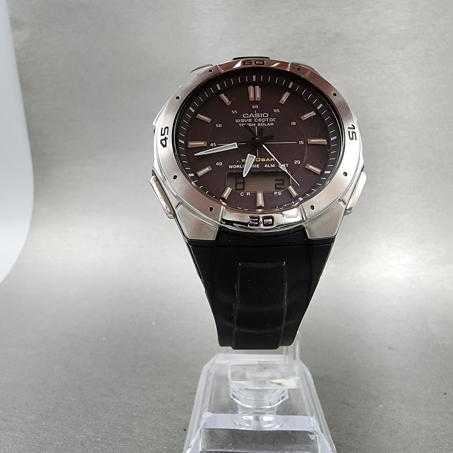 Casio Wave Ceptor Watch Men 42mm Black Dial Silver Tone Analog Digital Solar AB14