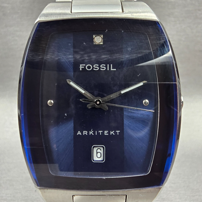 Fossil Arkitekt Tank Watch Men 32mm Blue Dial Silver Date FS-2931 New Battery1
