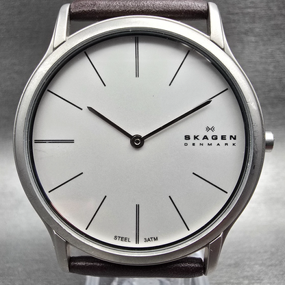 Skagen Watch Men 39mm Silver Dial Silver Leather Round 858XLSLD New Battery1
