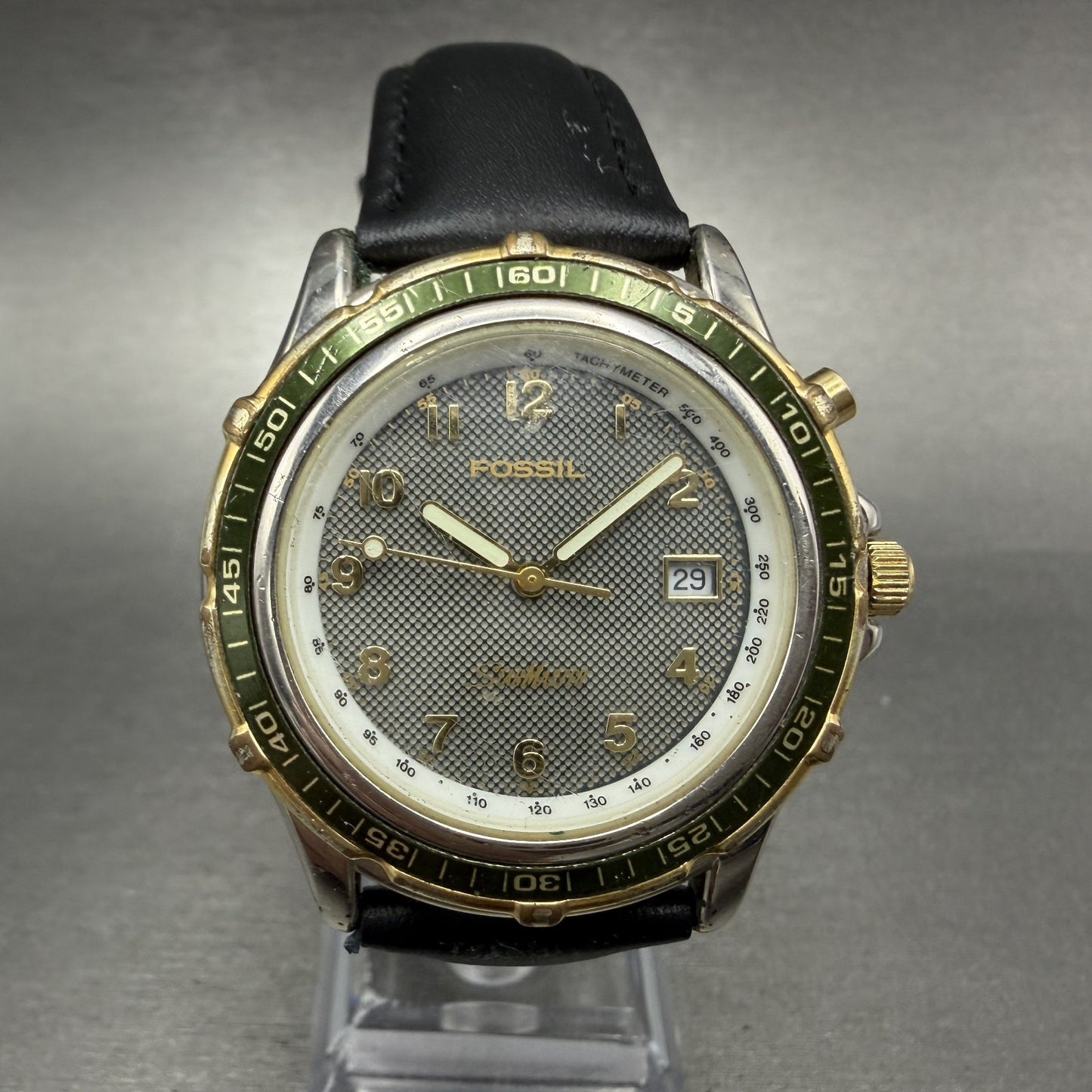 Fossil Star Master Watch Men 39mm Green Dial Silver Tone Date Backlight New Batt0