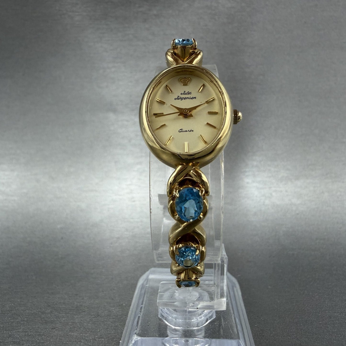Jules Jurgenson Watch Women 19mm Cream Dial Gold Tone Oval Blue Topaz New Batt5