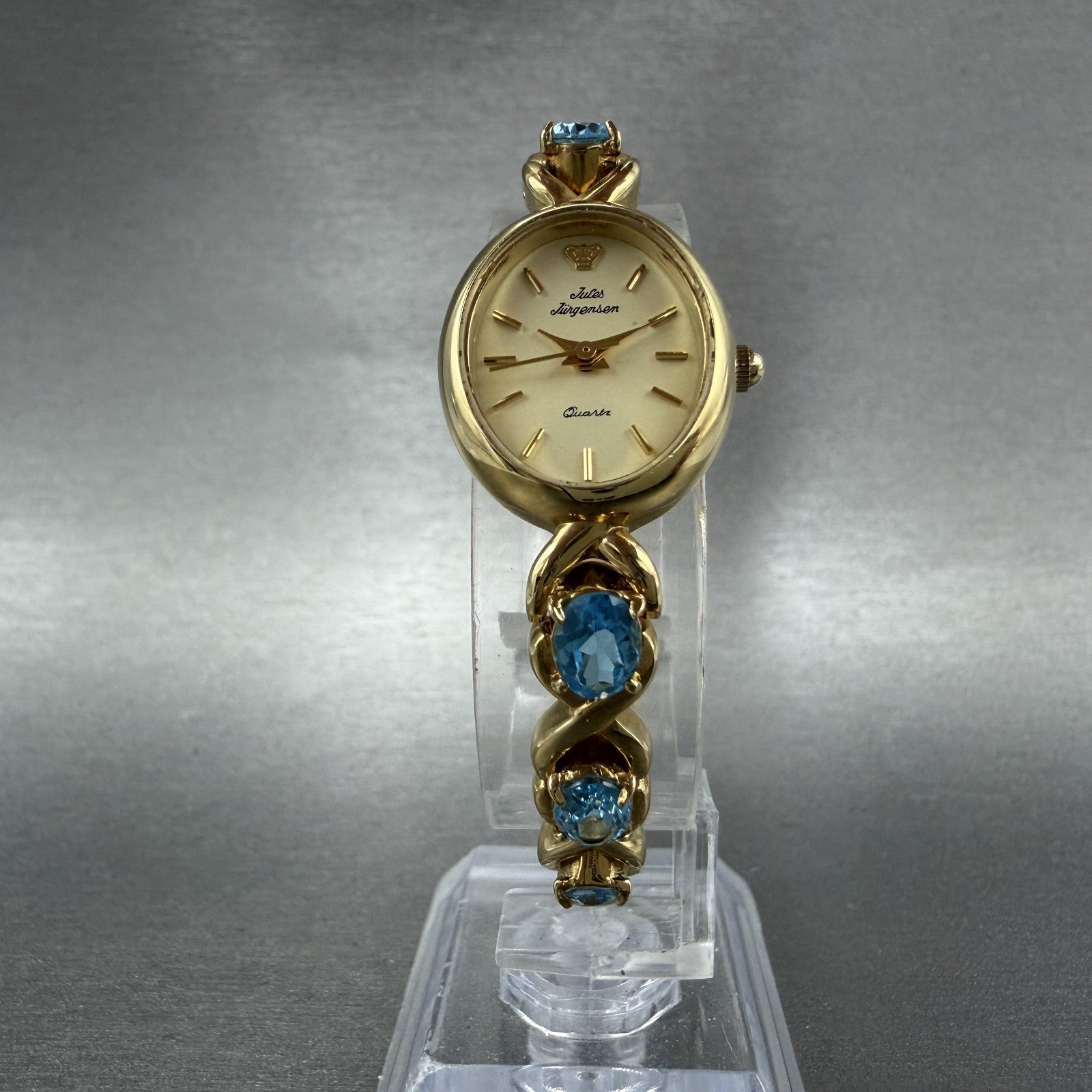 Jules Jurgenson Watch Women 19mm Cream Dial Gold Tone Oval Blue Topaz New Batt5