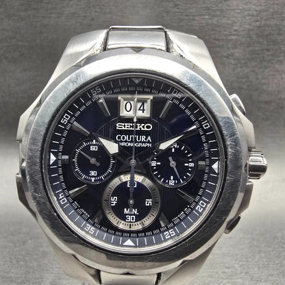 Seiko Coutura Watch Men 45mm Blue Dial Silver Tone Chrono 7T04-0AB0 New Battery1