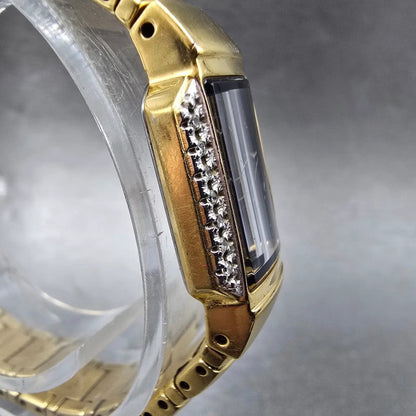Seiko Tank Watch Women 15mm Black Dial Gold Diamond Bezel Rectangle  New Battery4