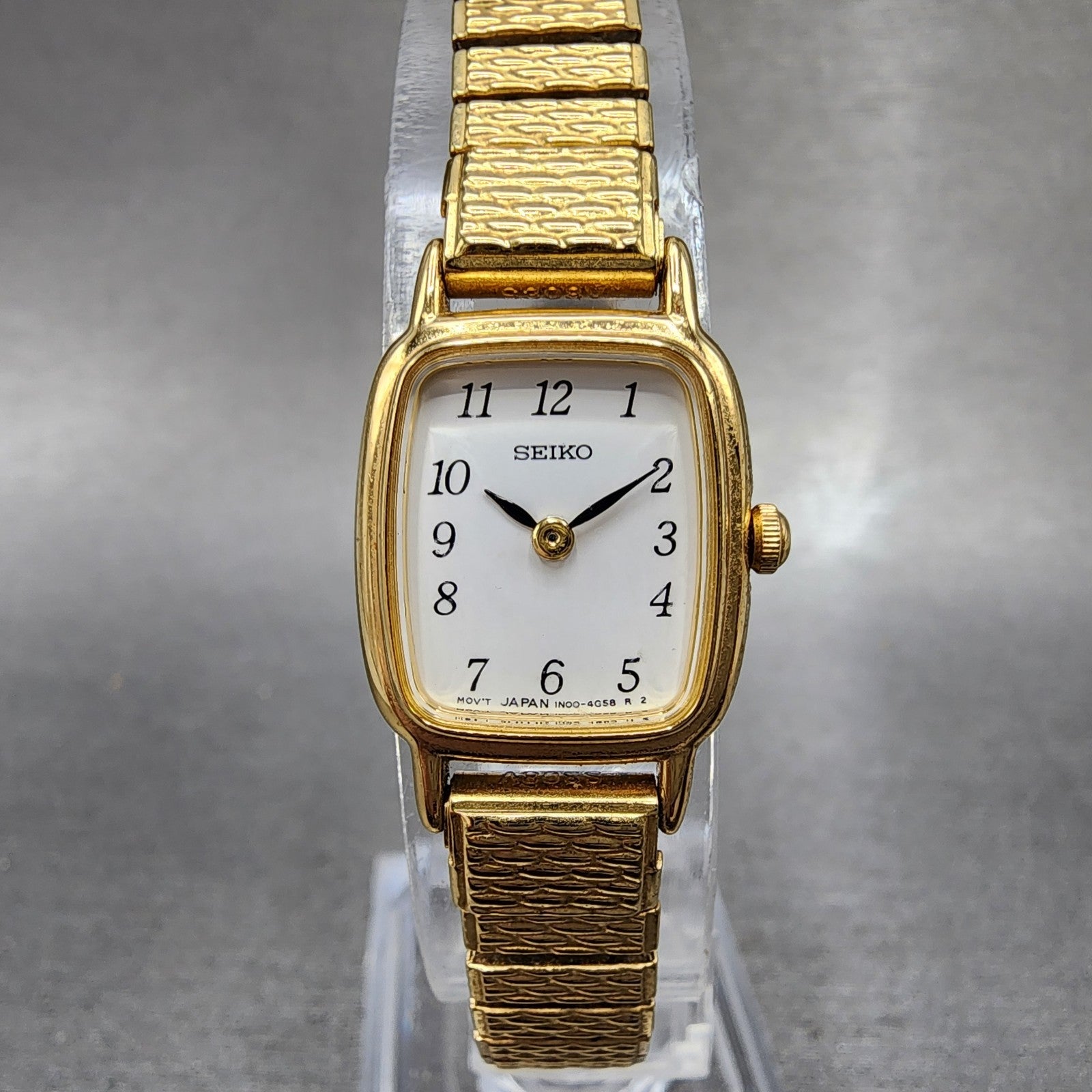 Seiko Watch Women 18mm White Dial Gold Tone Rectangle 1N005K29 New Battery0
