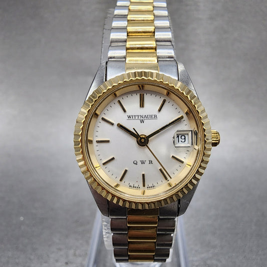 Wittnauer QWR Watch Women 22mm White Dial Two Tone Date Round 95651 New Battery0