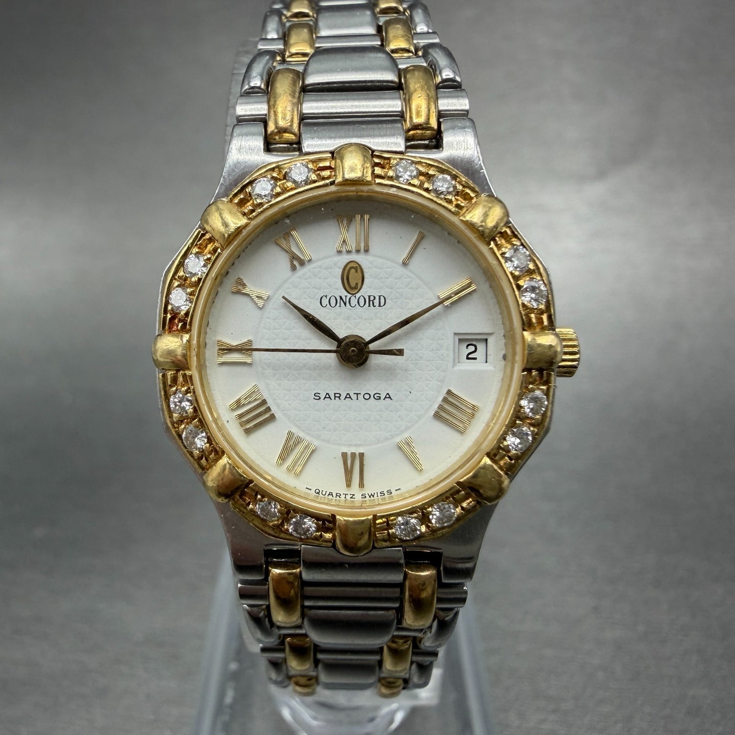 Concord Saratoga Watch Women 23mm White Dial Two Tone Diamond Bezel 15 73 2870