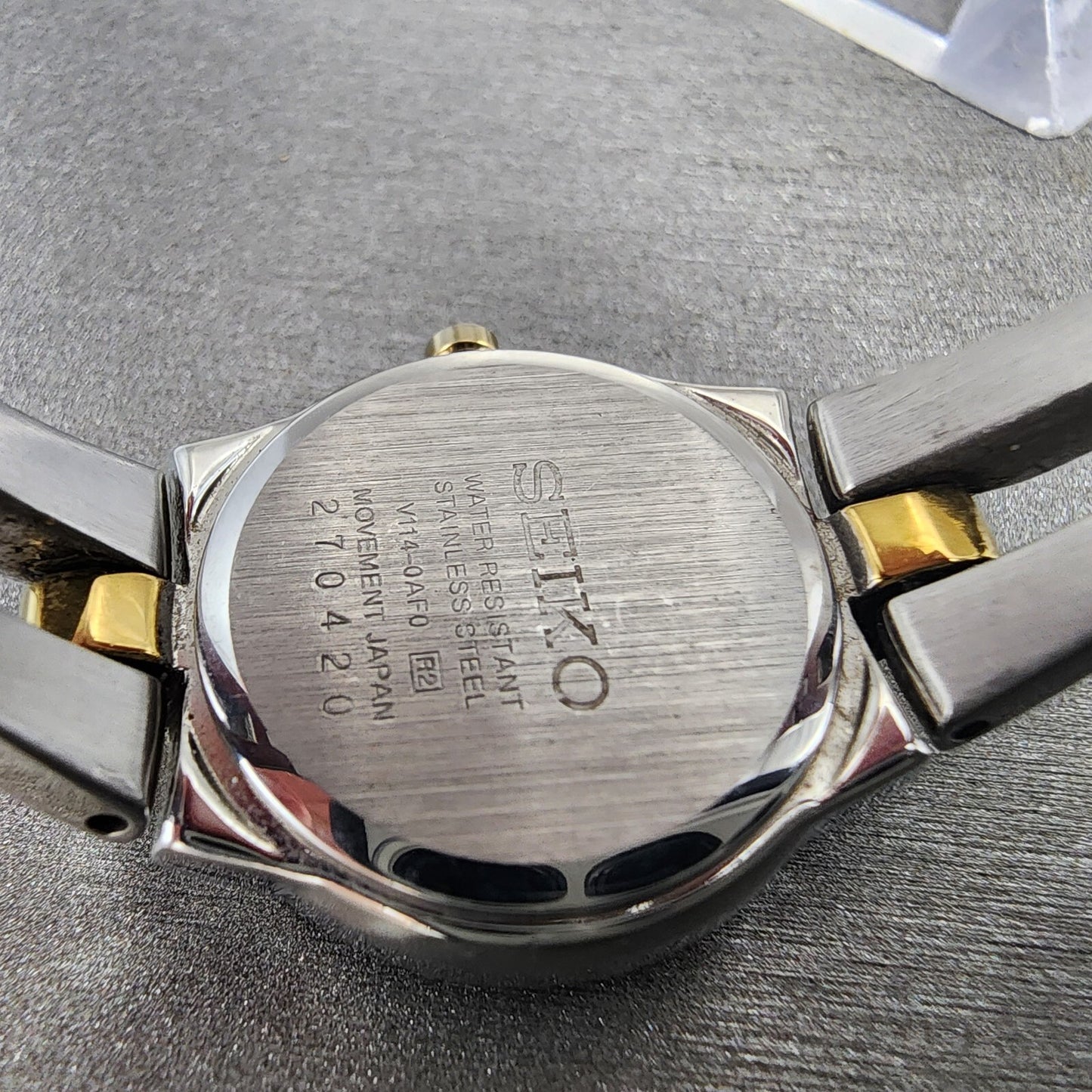 Seiko Solar Watch Women 22mm MOP Dial Two Tone Crystal Bezel Round V1140AF0 Runs9