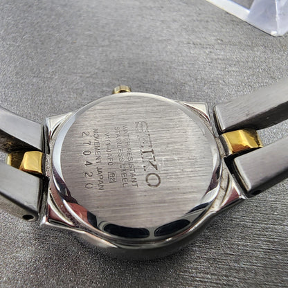 Seiko Solar Watch Women 22mm MOP Dial Two Tone Crystal Bezel Round V1140AF0 Runs9
