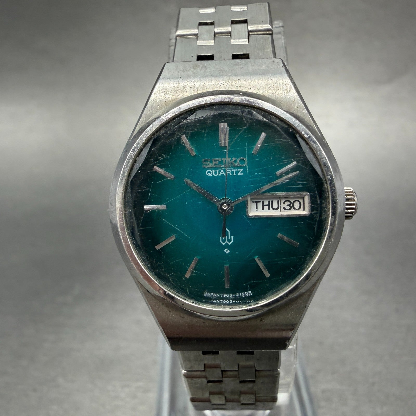Seiko Watch Women 24mm Green Dial Silver Tone Daydate 7903-0100 New Battery0