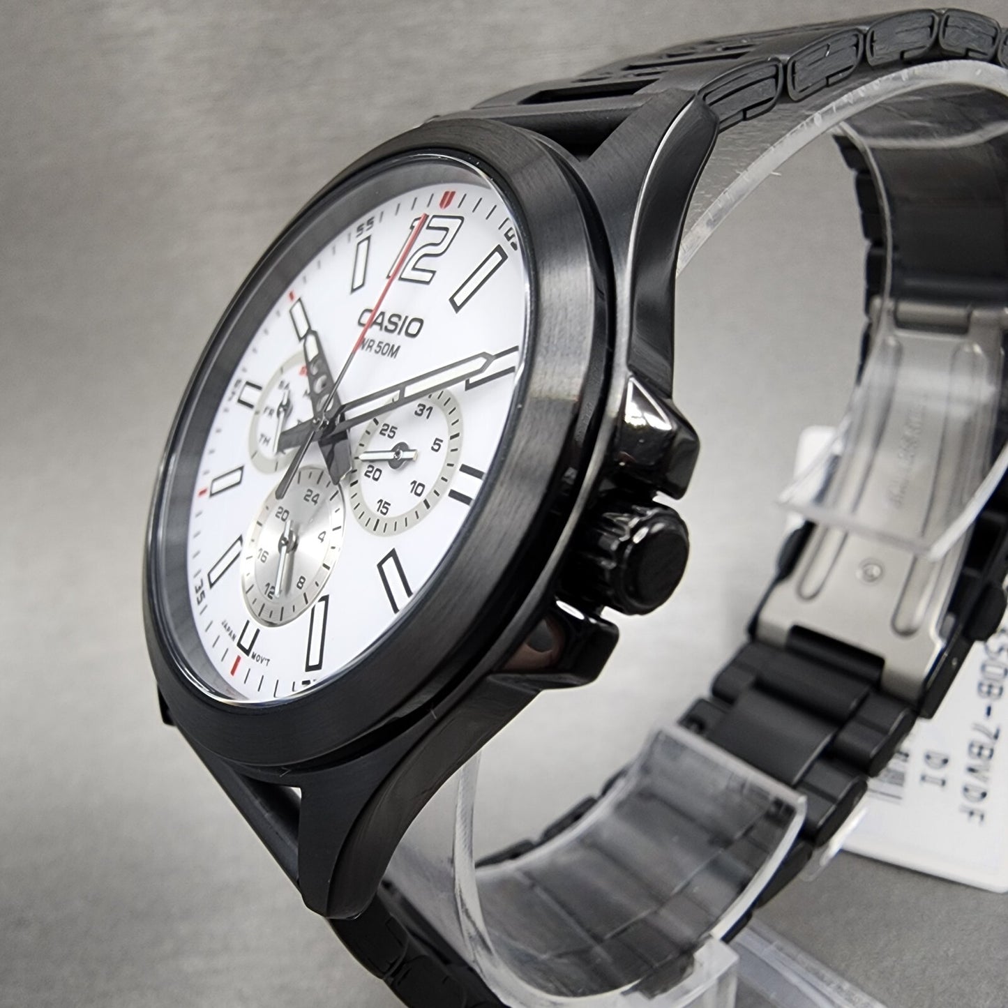 Casio MTP-E350 Watch Men 39mm White Dial Black Steel Daydate Metal Bracelet