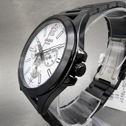 Casio MTP-E350 Watch Men 39mm White Dial Black Steel Daydate Metal Bracelet