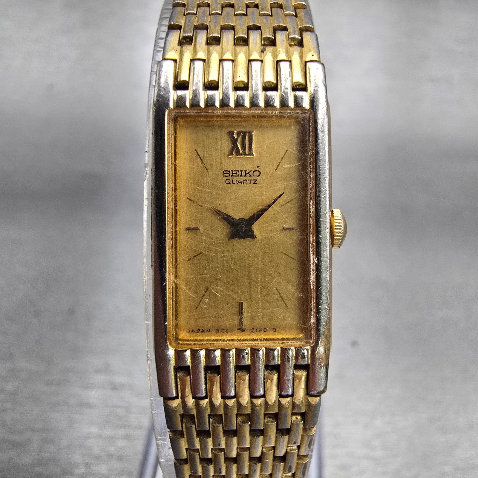 Seiko Watch Women 13mm Gold Dial Gold Tone Rectangle 2E20-6700 New Battery VTG0