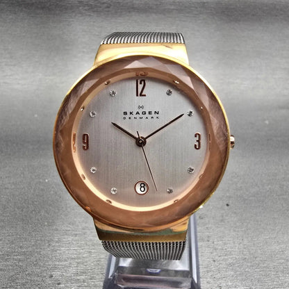 Skagen Leonora Watch Women 35mm Silver Dial Gold Tone Date Round 456LRS New Batt0