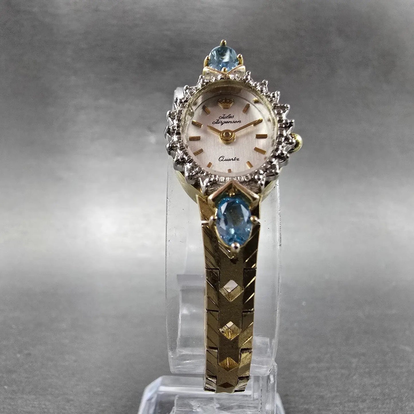 Jules Jurgensen Watch Women 15mm Silver Dial Gold Oval Blue Gems New Battery5