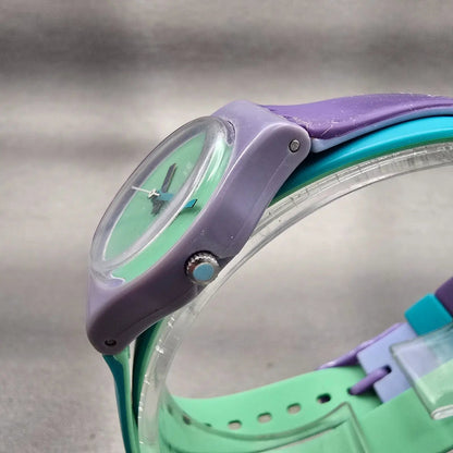 Swatch Fun In Blue Watch Women Green Dial Purple Case Round LV117 New Battery2