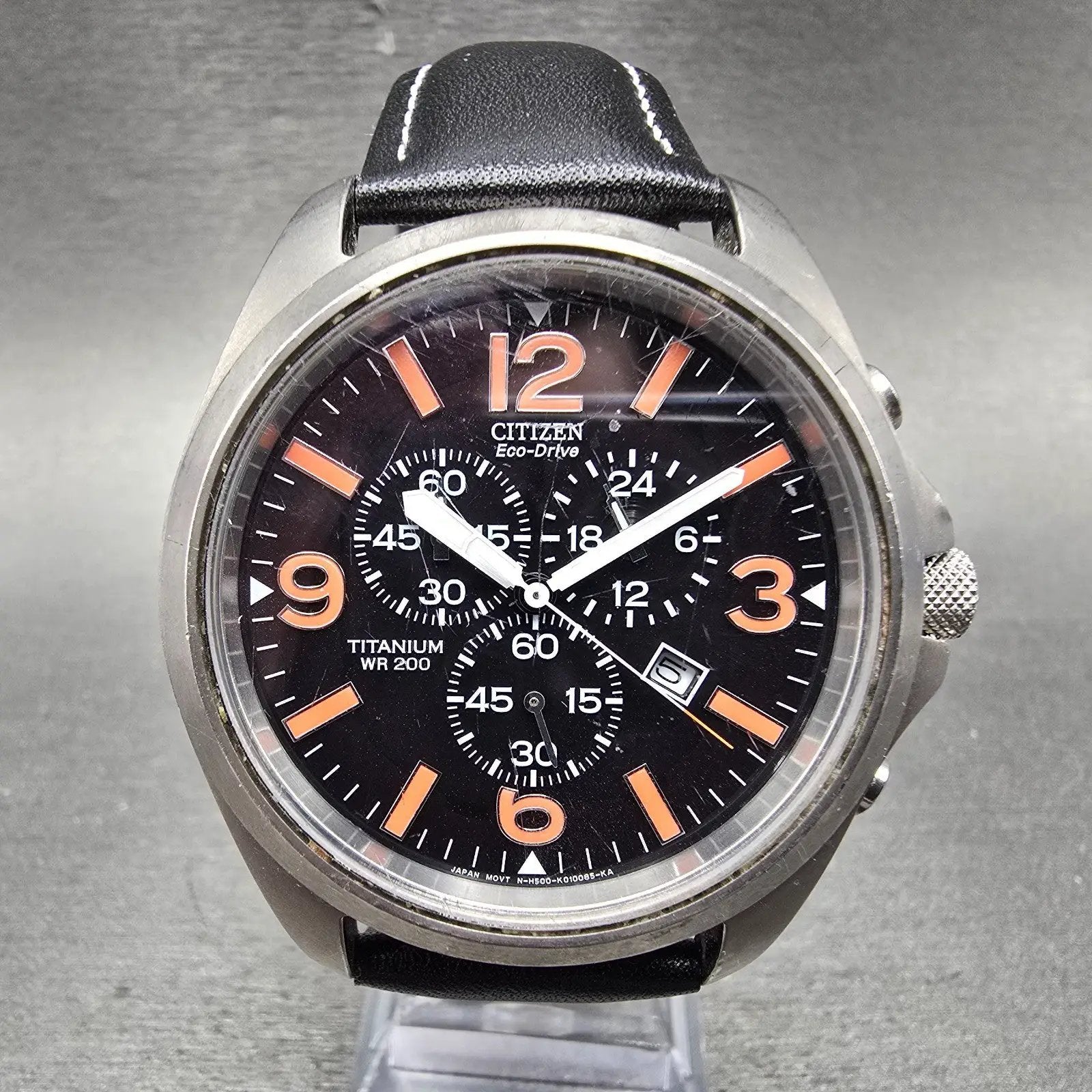 Citizen Eco-Drive Chronograph Watch Men 43mm Black Dial Titanium Date Round Runs0