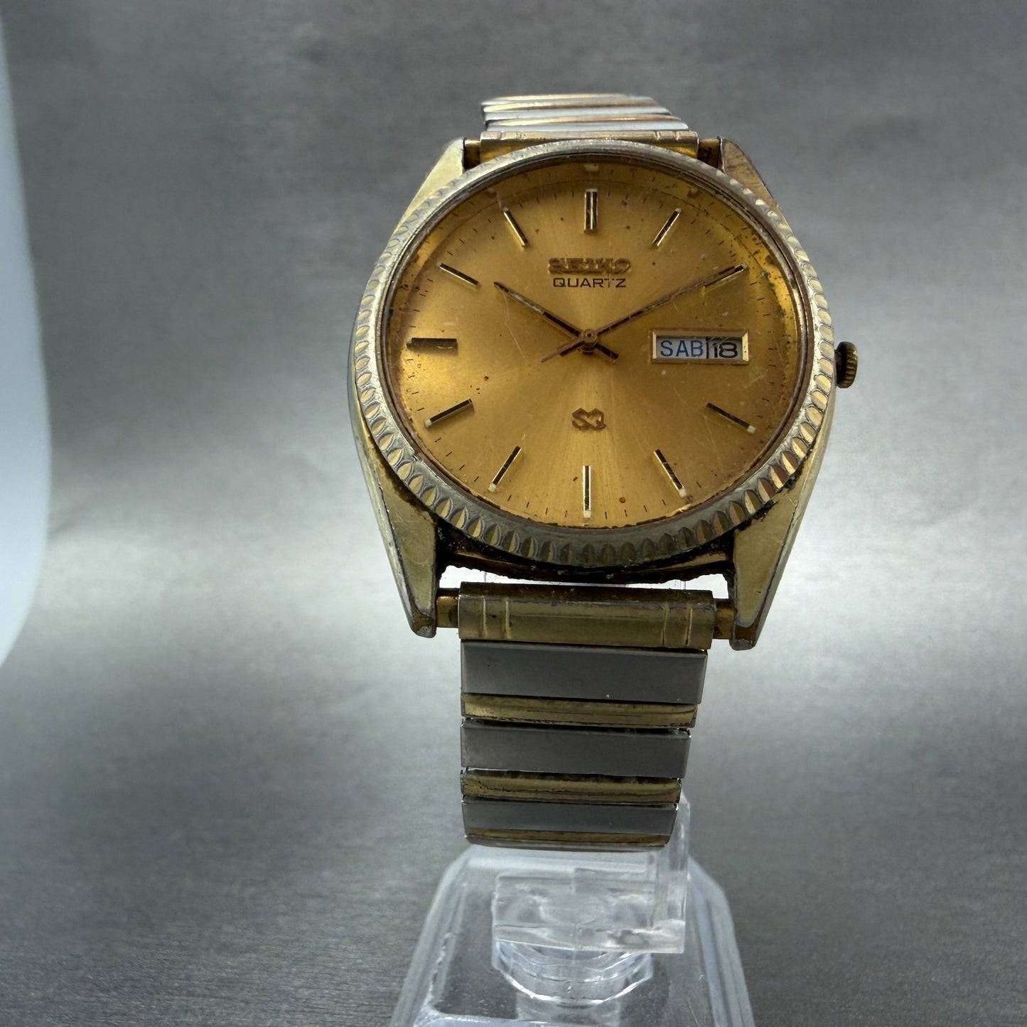 Seiko SQ president Watch Men 36mm Gold Dial Gold Tone Daydate 5h23-8029 NewBat 75