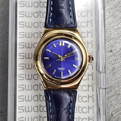 Swatch Irony Jenaye Watch Women 24mm Blue Dial Gold Tone Round YSG105C New Batt0