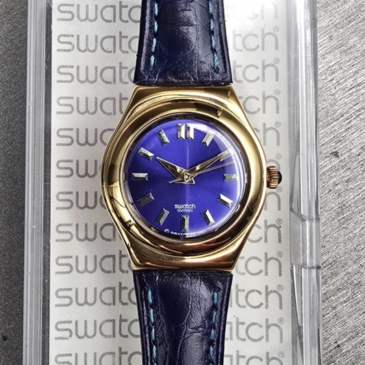 Swatch Irony Jenaye Watch Women 24mm Blue Dial Gold Tone Round YSG105C New Batt0