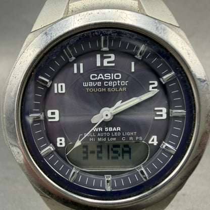 Casio Wave Ceptor Watch Men 42mm Blue Dial Analog Digital Steel WVA-400J Runs1