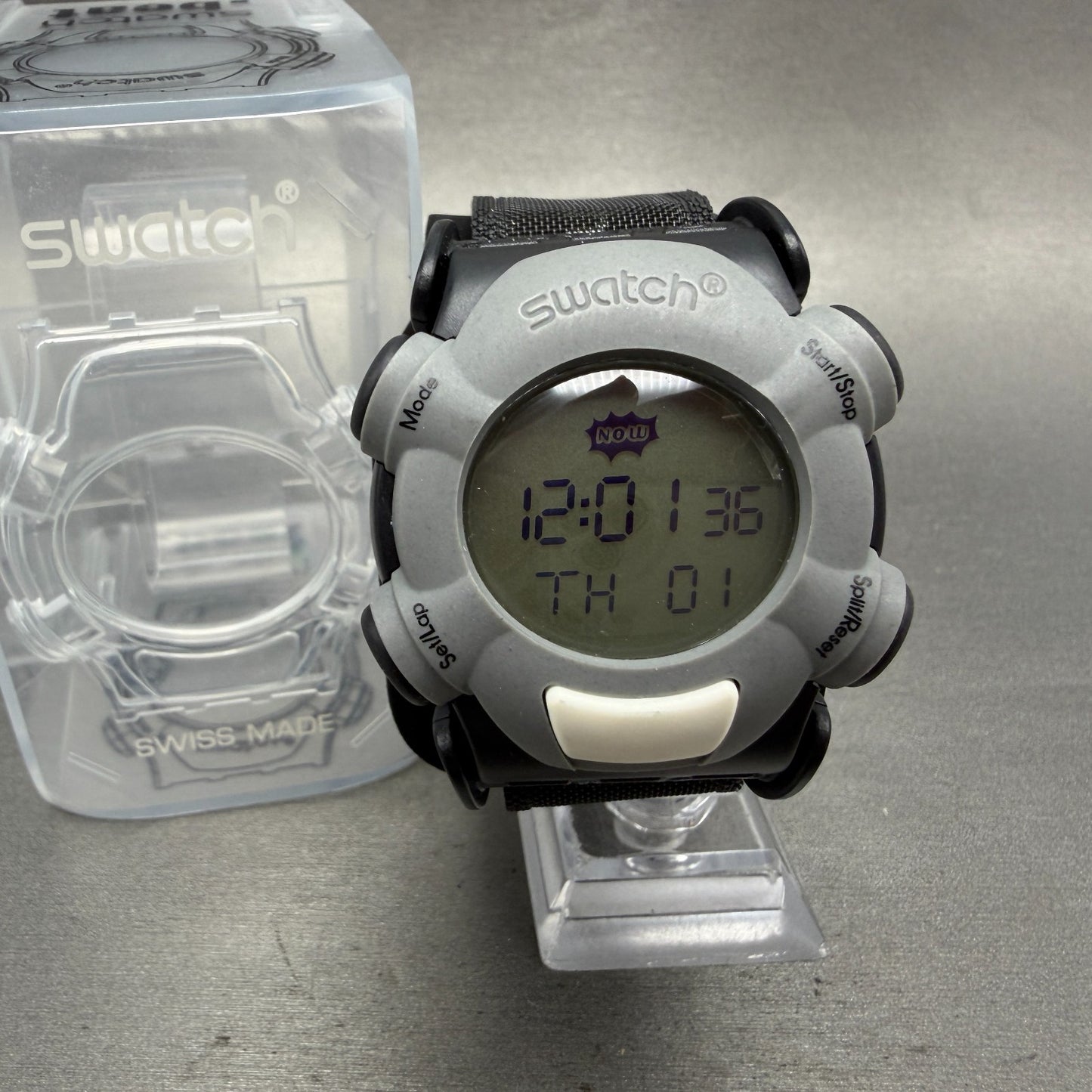 Swatch Webmaster Static Watch Men 45mm Black Gray Digital Alarm SQB101 New Batt0