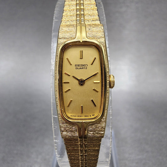 Seiko Tank Watch Women 13mm Gold Dial Gold Tone Rectangle 2E206259 New Battery0