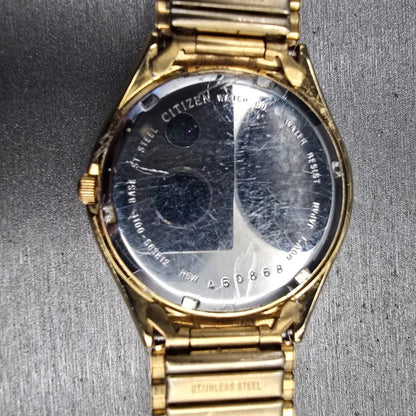 Citizen CQ Watch Men 35mm Gold Dial Gold Tone Daydate 1100-S63812 New Battery JL10