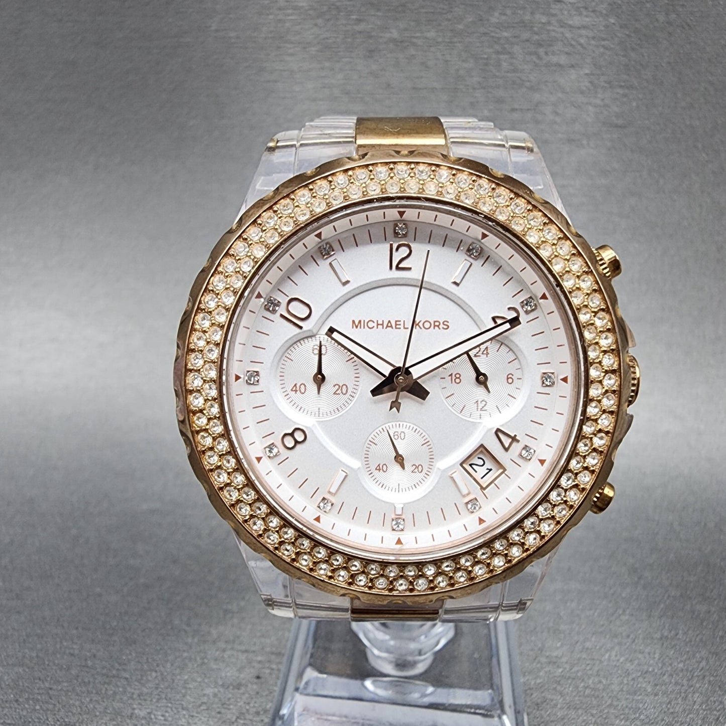 Michael Kors Madison Watch Women 42mm White Dial Two Tone Date Round New Battery0